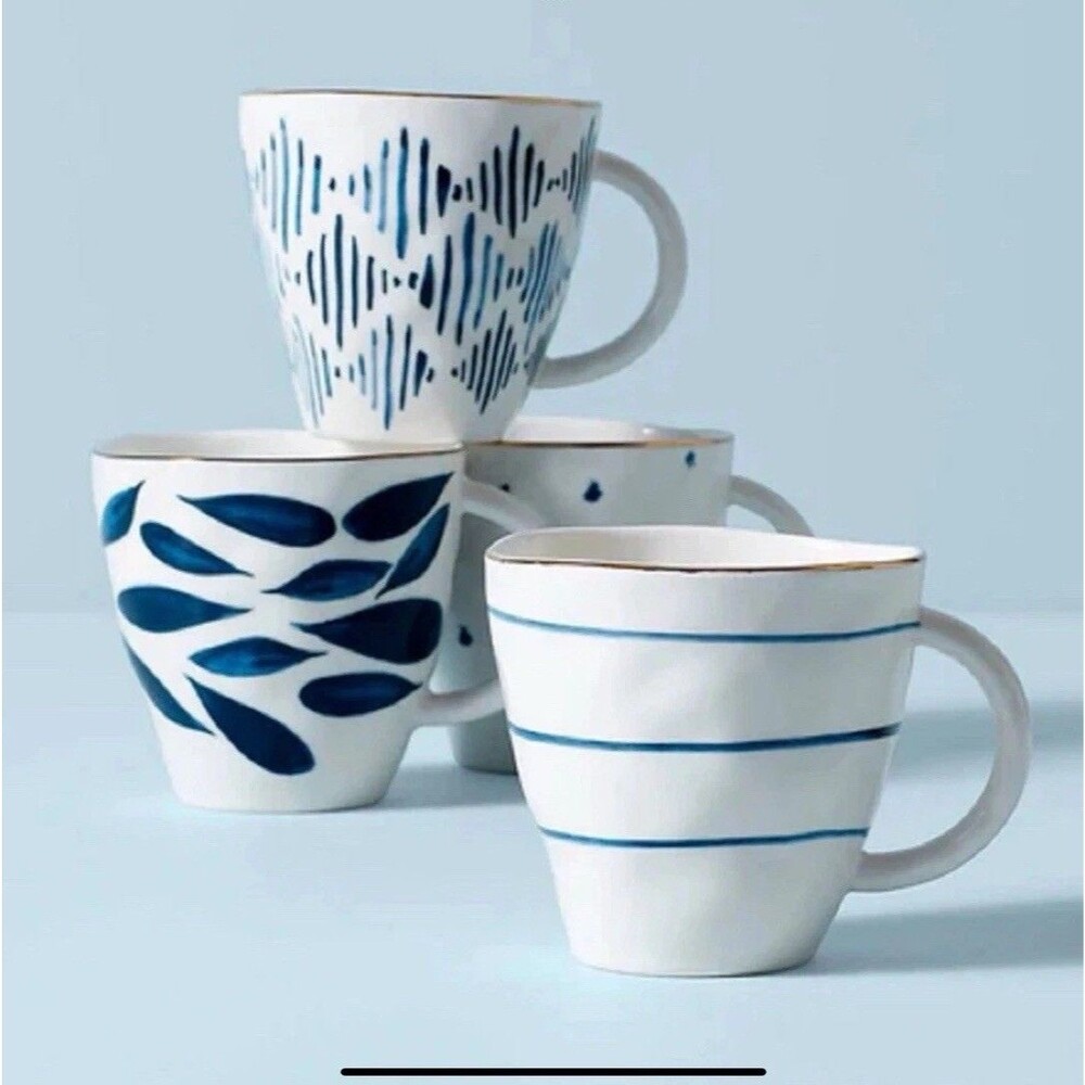Lenox China BLUE BAY Dessert Mugs 12 Oz Blue White Porcelain Set of 4 New
